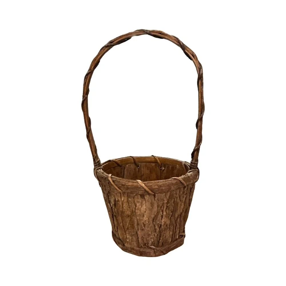 Vintage Rustic Tree Bark Basket with Tall Handle 10.5 Inch Brown Woodland Decor